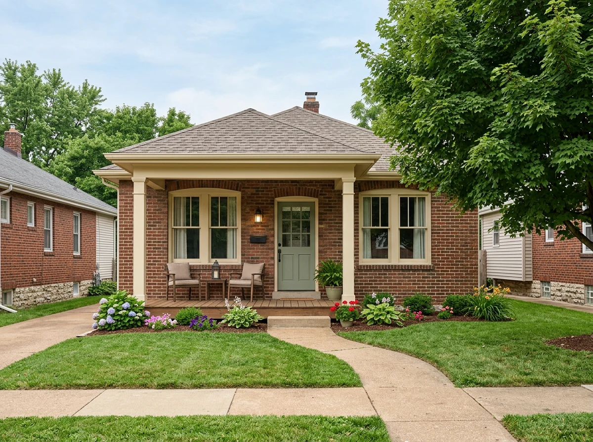 Charming brick bungalow with a welcoming front porch, flowers, and a tidy lawn