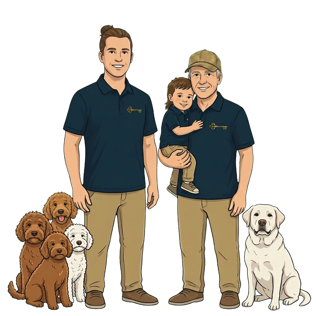 Family illustration of Ryan with three brown doodles and one white doodle beside him, and Jim holding Sebastian with a stocky white Labrador beside him