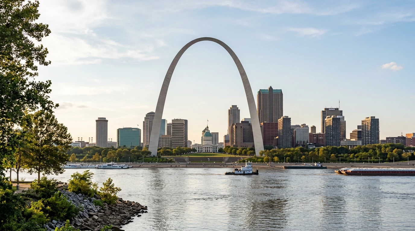 The Gateway Arch and downtown St. Louis skyline across the Mississippi River